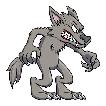 Angry wolve cartoon illustration with a stick club. Isolated image on white background. Fantasy werewolf mascot character. 