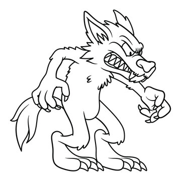 Line art illustration of angry wolve or werewolf in cartoon style. Image for kids and children coloring book or page. Unpainted outline drawing on white background. Mascot character.