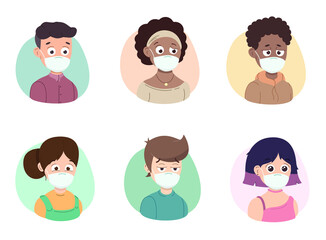 Different people faces in medical face mask set isolated on white background. Expressive eyes surprised, happy, tired, admiration, misunderstanding, disgruntled character face expressions. Vector.