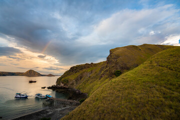 beautiful landscape of Padar Island and Gili Lawa Island in the sunset time. Both of the islands located in komodo islands in labuan Bajo Indonesia. This is also the UNESCO international heritage.  © alfin