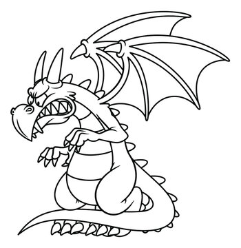 Line art illustration of angry fantasy dragon with wings in cartoon style. Image for kids and children coloring book or page. Unpainted outline drawing on white background. Mascot character.