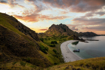beautiful landscape of Padar Island and Gili Lawa Island in the sunset time. Both of the islands located in komodo islands in labuan Bajo Indonesia. This is also the UNESCO international heritage.  © alfin