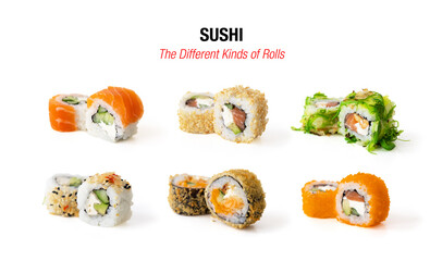 Différents types de rouleaux de sushi isolés sur fond blanc