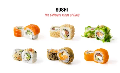 Vlies Fototapete Sushi-bar Verschiedene Arten von Sushi-Rollen isoliert auf weißem Hintergrund