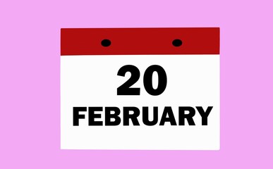 February 20 on a white calendar on a soft pink background. Illustration of the calendar for February.
