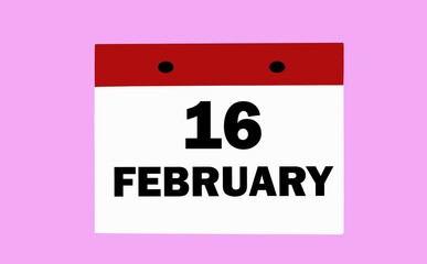 February 16 on a white calendar on a soft pink background. Illustration of the calendar for February.
