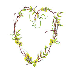 Obraz na płótnie Canvas Spring heart frame of pussy willow branches, blooming twigs with buds and young green grass. Easter or wedding decor. Watercolor hand painted isolated elements on white background.