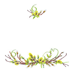 Spring garland of pussy willow branches, blooming twigs with buds and young green grass. Watercolor hand painted isolated elements on white background.