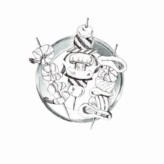 Mix skewers on a plate. Graphics vegetables, sea food. Hand drawing illustration