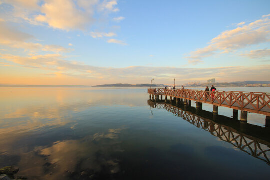 View from Kanarya shore on Kucukcekmece lake. Lake Kucukcekmece is a lagoon located in the European portion of Istanbul Province, northwestern Turkey.