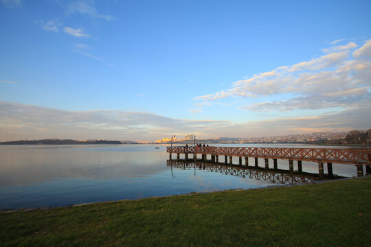 View from Kanarya shore on Kucukcekmece lake. Lake Kucukcekmece is a lagoon located in the European portion of Istanbul Province, northwestern Turkey.