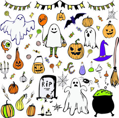 Hand drawn of Halloween doodle. Set of vector elements for Halloween. pumpkins, ghosts, house, fire, poison, witches broom,candy, nightmare,scull,boo