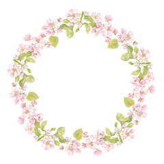 Fototapeta na wymiar Round watercolor frame with blooming apple tree branches on white. Illustration with place for text, can be used creating card, menu or invitation card.