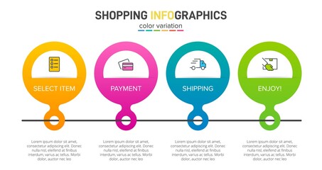 Concept of shopping process with 4 successive steps. Four colorful graphic elements. Timeline design for brochure, presentation, web site. Infographic design layout.