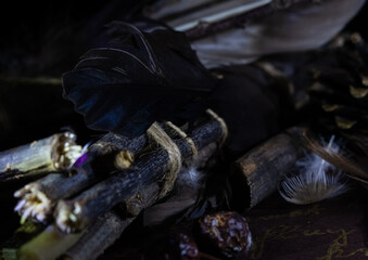 mystical composition for the ritual of branches, feathers and tied with a rope