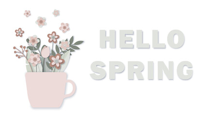 Hello spring vector background design with paper cut typography, flowers and leaves in trendy pastel colors. Season greeting card illustration in modern 3d papercut style. Vector illustration.