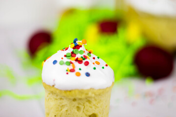Easter cake against the background of painted eggs