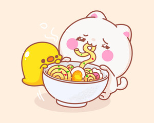 Cat eating noodle with duck cartoon illustration