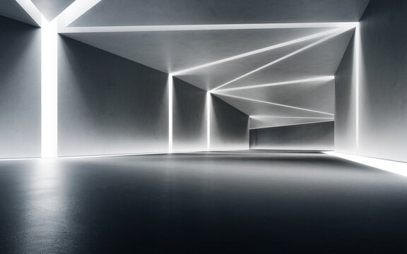 Fototapeta Abstract interior design 3D rendering of modern showroom. Empty floor for car park and concrete corridor background.