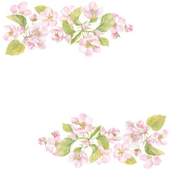 Floral watercolor frame with blooming apple tree branches on white. Invitation, greeting card or an element for your design.