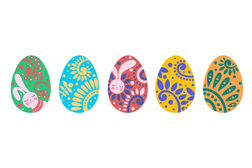 Set with five Easter eggs on a white background.