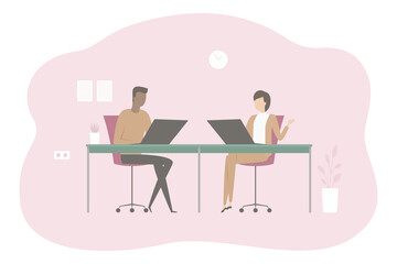 Employees working on laptops in office. Cartoon. Vector illustration.