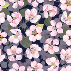 Obraz na płótnie Canvas Seamless pattern with blooming apple tree branches on a dark blue background. Watercolor and Line Art. Floral background. Perfect for design templates, wallpaper, wrapping, fabric and textile.