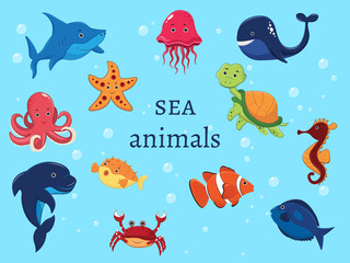 Set of marine animals under water. Whale, octopus, Clown fish, Turtle, Shark, Dolphin, Starfish, Horse, Hedgehog, Fish, Jellyfish. Vector illustration