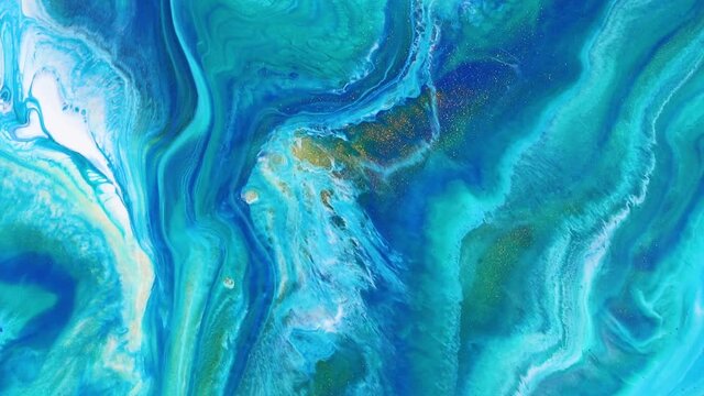 Fluid art drawing video, trendy acryl texture with flowing effect. Liquid paint mixing artwork with splash and swirl. Detailed background motion with navy blue, turquoise and white overflowing colors