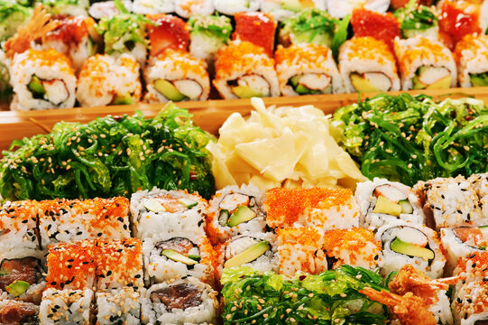 Close up image of large sushi set