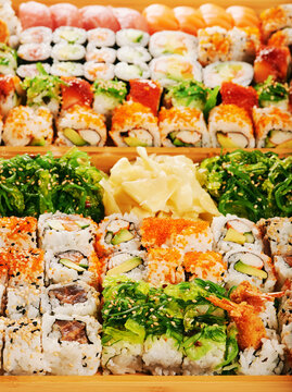 Close up image of large sushi set