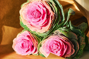 Close up image of lilac, purple cabbage bouquet packed in organic brown paper