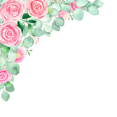 Watercolor floral border-corner with eucalyptus branches, pale pink roses, green foliage, isolated on a white background.