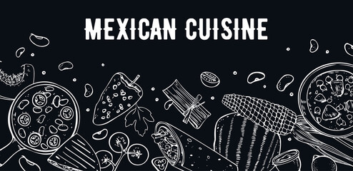 Mexican food. Menu design template. Dishes and vegetables. Soups, burrito, quesadilla, salsa. Hand drawn outline vector sketch illustration on black background