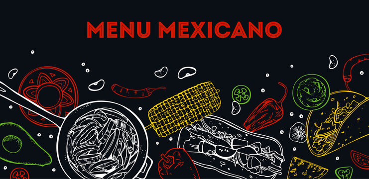 Menu Mexicano Cover Design Template. Traditional Dishes And Vegetables. Burrito, Fajitas, Taco. Hand Drawn Vector Sketch Illustration