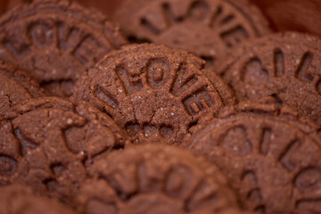 Food pattern. Chocolate cookies with sign I love you. Top view. Flat lay. Valentines day celebration concept