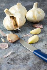Heads and cloves of garlic (Allium sativum) peeled and crude on a bluish-grey stone with a small knife. Spicy cooking ingredient. Healthy food with vitamins. Vegetables and vegetarians.