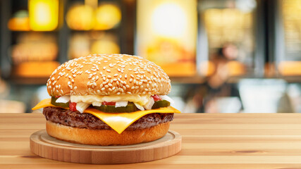 Delicious Cheese Beef Burger consists of Bun Bread Patty Pickle Onion Mayonaisse Ketchup Cheddar...