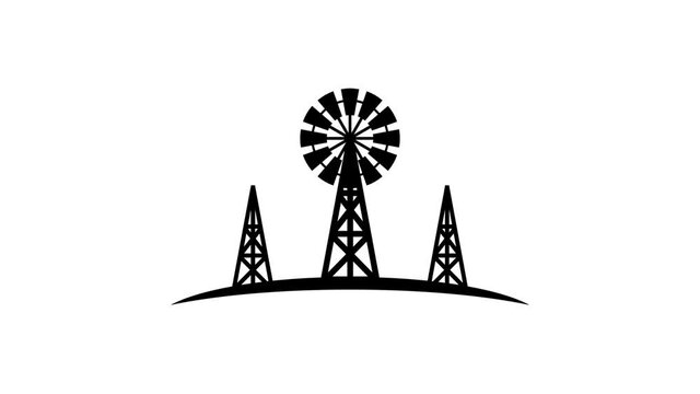 3 windmill flat animated logo intro with rotating blades on curved horizontal ground 