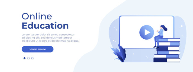 Online education concept. Vector layout for website page. Illustration in flat isometric style with people studying remotely. Front page layout for your design. Flat isometric vector illustration 