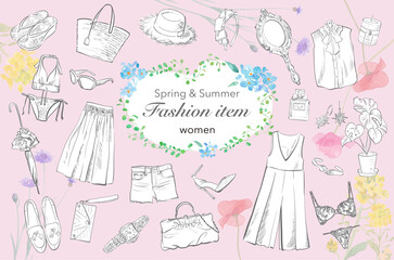 女性の春夏のファッションアイテム。手書きの線画。（ベクターデータ）