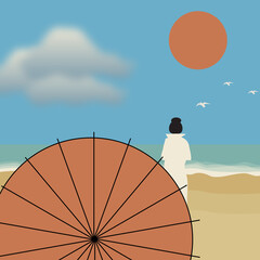 Woman with Parasol on a Beach