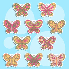 A set of stickers with hand-drawn doodle butterflies