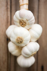 Close Up Of Healthy Bunch Of Garlic Bulbs On Wooden Background