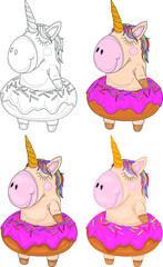 Cute bright sleeping rainbow unicorn creature in donut sketch template set. Colorful cartoon vector illustration in color and black and white for icons, emoji symbols, game. Coloring paper, page, book