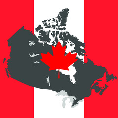 Grey Canada Map background within a square Canadian maple leaf red and white flag