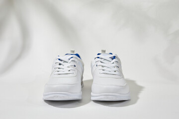 Pair of fashion stylish sneakers and shadow of palm leaves on white wall background. Running sports shoes with leather accents.