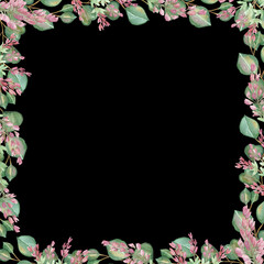Watercolor hand painted nature floral squared border frame with pink heather flowers and green eucalyptus branches composition on the black background for invite and greeting card