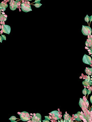 Watercolor hand painted nature floral frame with pink heather flowers and green eucalyptus leaves on branch composition on the black background for invite and greeting card with space for text