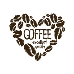 Heart of coffee beans on a white background. Vector logo on a white background